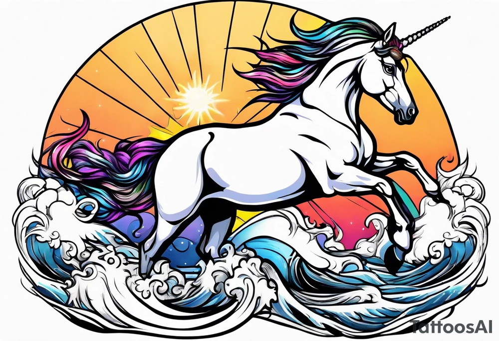Unicorn jumping over a penguin with the sun tattoo idea