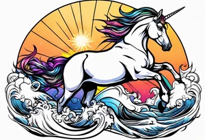 Unicorn jumping over a penguin with the sun tattoo idea