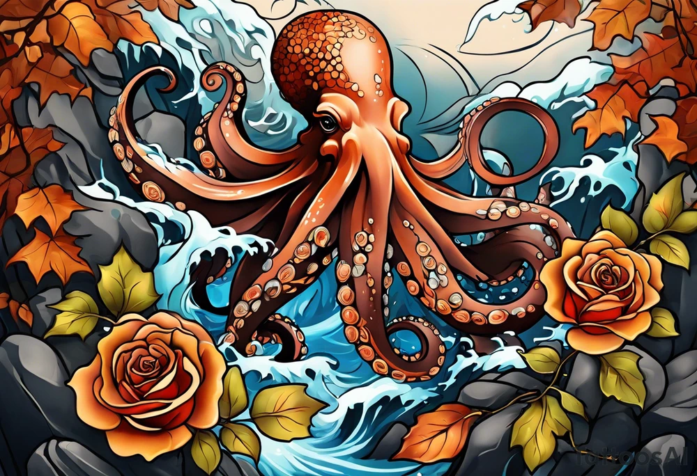 masculine abstract left thigh tattoo with a large long flowing octopus in water swirls wrapping around rocks, with a rose, in fall colors with some small leaves and fall elements tattoo idea