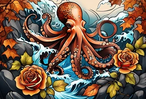 masculine abstract left thigh tattoo with a large long flowing octopus in water swirls wrapping around rocks, with a rose, in fall colors with some small leaves and fall elements tattoo idea