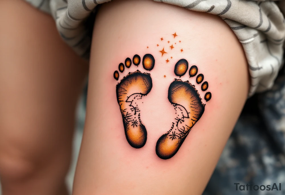 Warm brown and cream footprints of Michaela, with tiny twinkling stars above, representing her bright, guiding light. tattoo idea