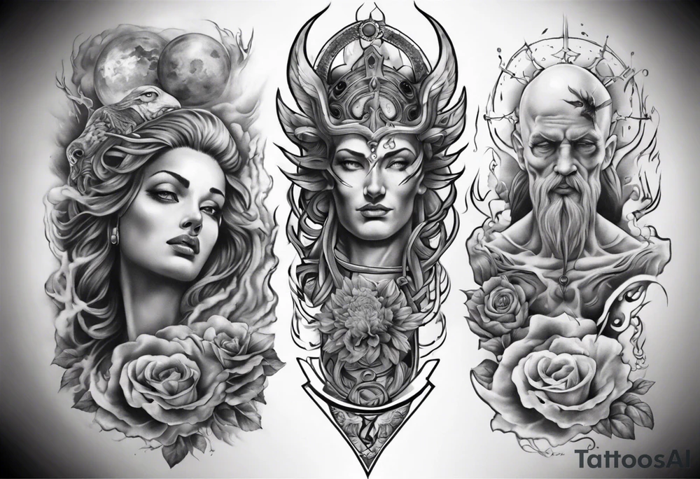 gods theme sleeve realistic tattoo idea