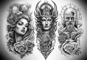 gods theme sleeve realistic tattoo idea