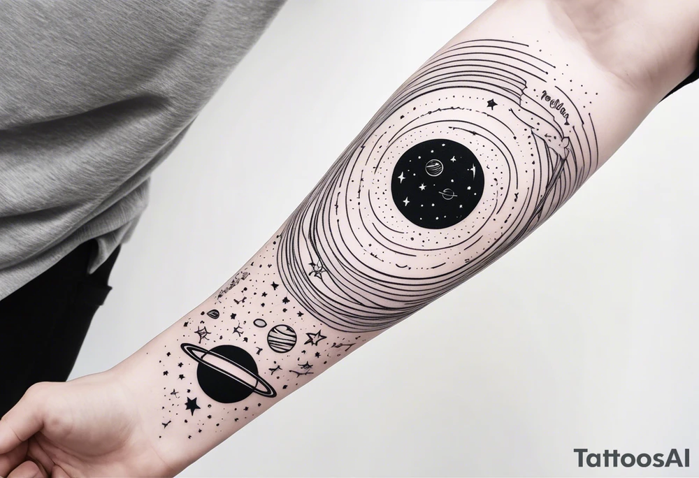 Galaxy with stars and planets in a minimalist style calf sleeve, with the quote, "Made for another world" tattoo idea