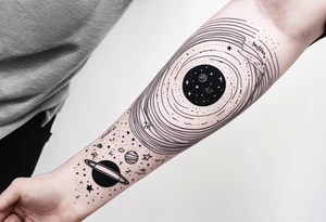 Galaxy with stars and planets in a minimalist style calf sleeve, with the quote, "Made for another world" tattoo idea