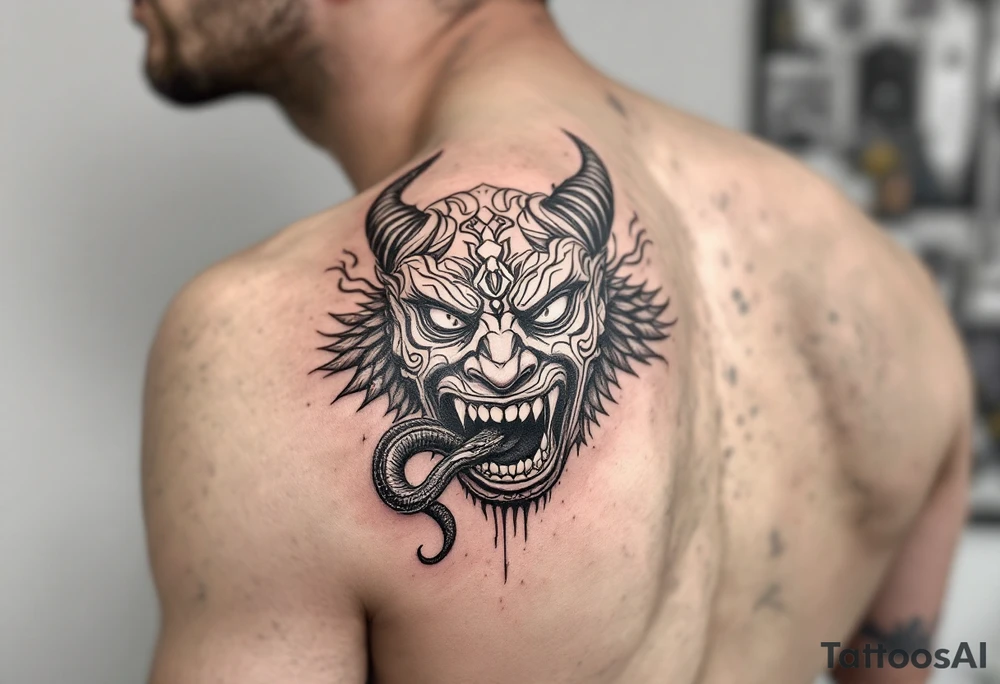 Purépecha style tattoo above   oni mask with a snake in its mouth tattoo idea