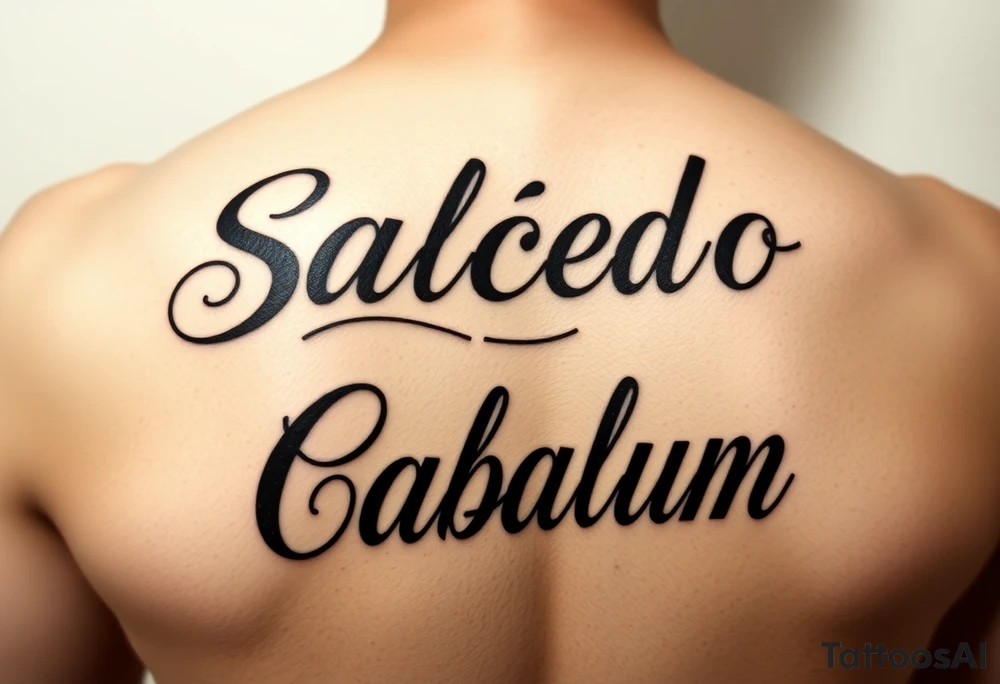 Script tattoo, LA Chicano style, style like alecki ramos the tattoo artist, I need it to say both my last names - Salcedo - Cabalum. One on top of the other. I need it to spread across the top half of my back, touching the top of shoulder blades. tattoo idea
