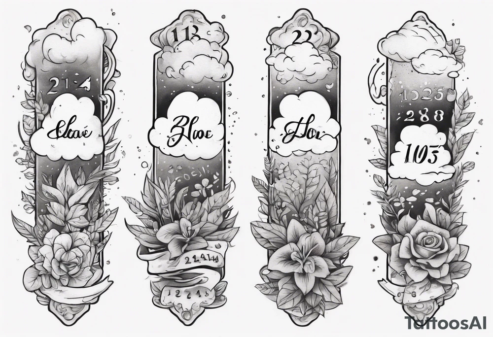 a forearm tattoo with a cloud with little plants and underneath it the date 12.08.05 tattoo idea
