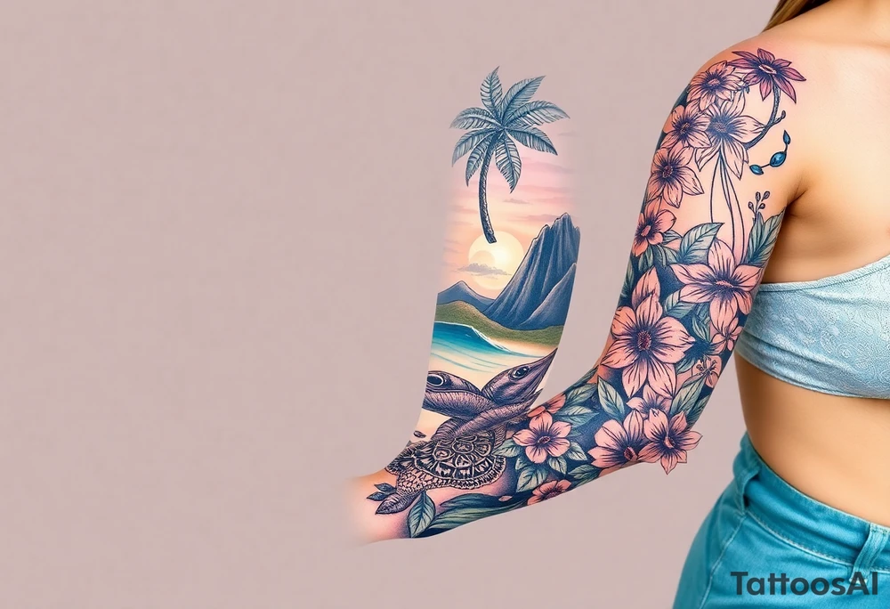 half sleeve, hawaiian theme, with water, mountains, tropical flowers, turtles. and disneys moana  characters tattoo idea