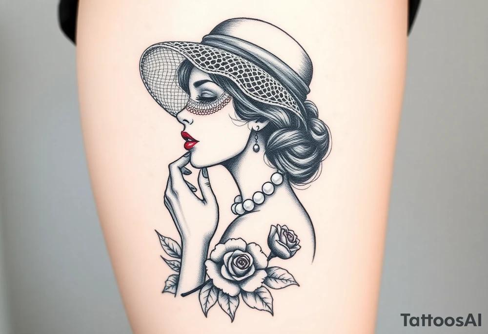 Black and white profile of woman with chin pressed on hand, hat with lace covering her eyes as she looks to the distance
, pearl necklace In her mouth with red lips flowers around her with one red rose standing out thigh tattoo tattoo idea