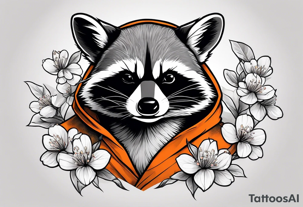 Raccoon wearing a white Superman logo on a black hoodie and orange Japanese cherry blossoms tattoo idea