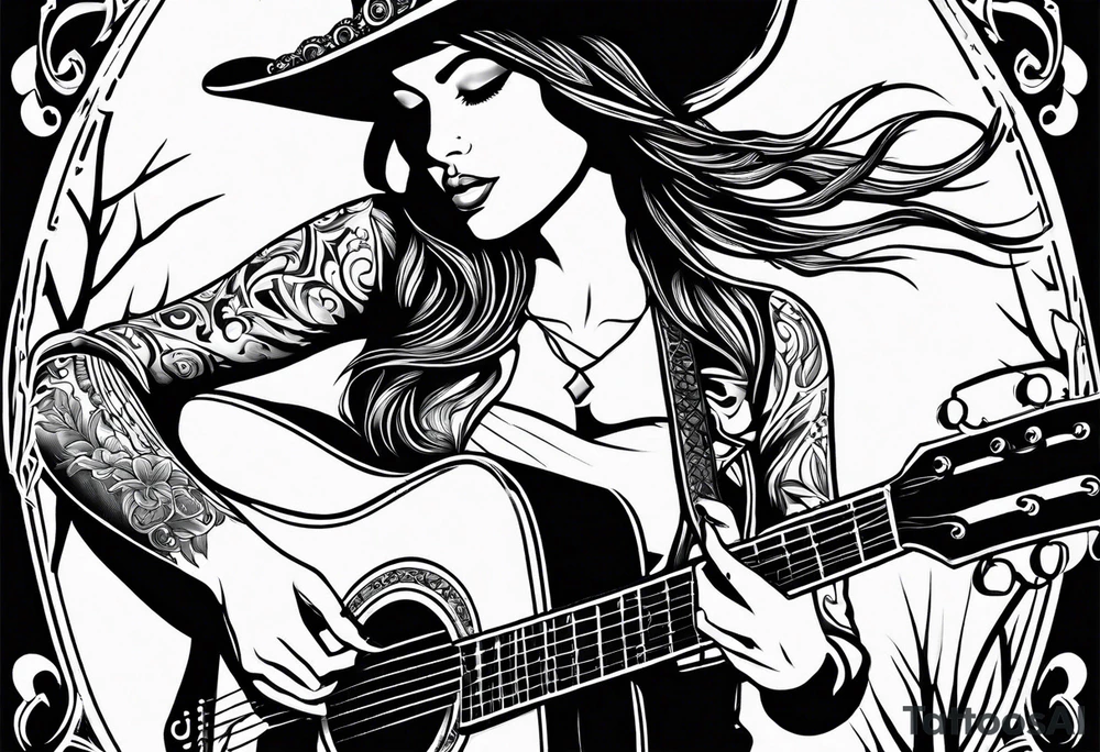 Acoustic Guitar cowgirl by a campfire tattoo idea