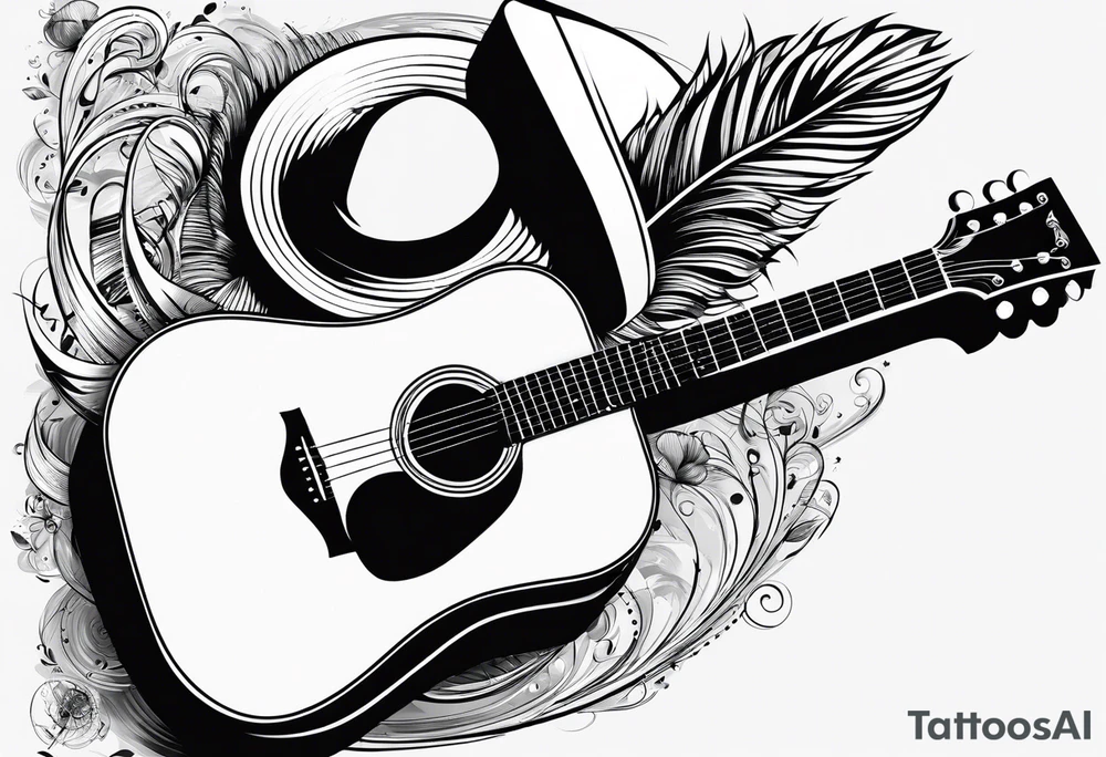 An acoustic guitar leaning against something, next to it is a hat with a long pointy feather on its brim. Musical staves and notes coming out of it tattoo idea