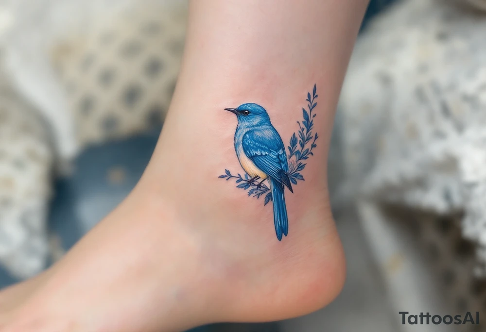 Blue bird coverup in a floral mirror frame tattoo idea