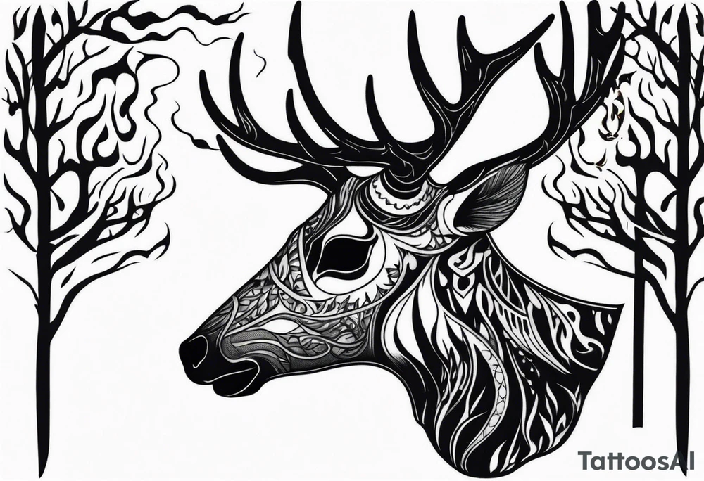 side profile of a deer skull JUST BONE surrounded by a flames and trees tattoo idea