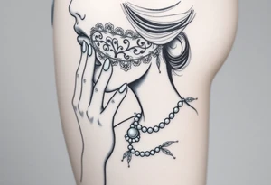 Black and white profile of woman with chin pressed on hand, lace covering  her eyes as and pearl necklace siting in her.mouth tattoo idea