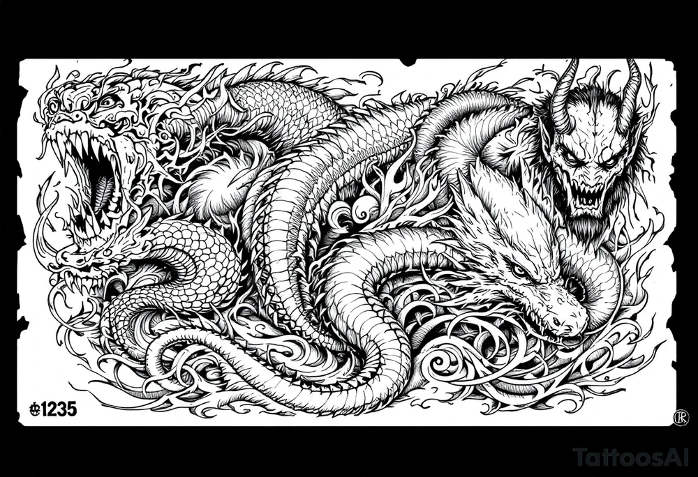 “Create a highly detailed, realistic black-ink tattoo design in a realistic–illustrative style with organic, flowing lines and no text. The unified composition should seamlessly blend these elements:
	•	A realistic Māori taniwha with textured scales, defined eyes, and a serpentine form.
	•	A realistic Loch Ness monster with subtle shading and natural textures, featuring subtle tartan in the background or on its skin, and a dragon-like, scaly appearance.
	•	A realistic Irish púca with lifelike, shape-shifting features.
	•	A subtle, realistic demon with soft shading and two distinct horns.
	•	A ‘strong arm’ logo depicting a realistic arm holding a patu, with the number ‘1235’ subtly integrated.
	•	A stylized, text-free crest symbol representing Hamilton Boys’ High School.
	•	A separate, clearly defined three-star arrangement representing the Speights logo.

The overall design should flow naturally, suitable for an upper back piece, full right sleeve, or right upper leg tattoo, with all elements interconnected in black ink.” tattoo idea
