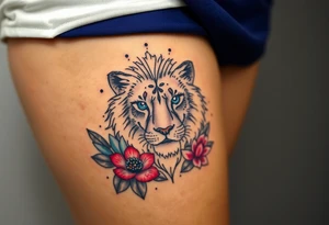 Lion with blue eyes surrounded by larkspur and water lily tattoo idea