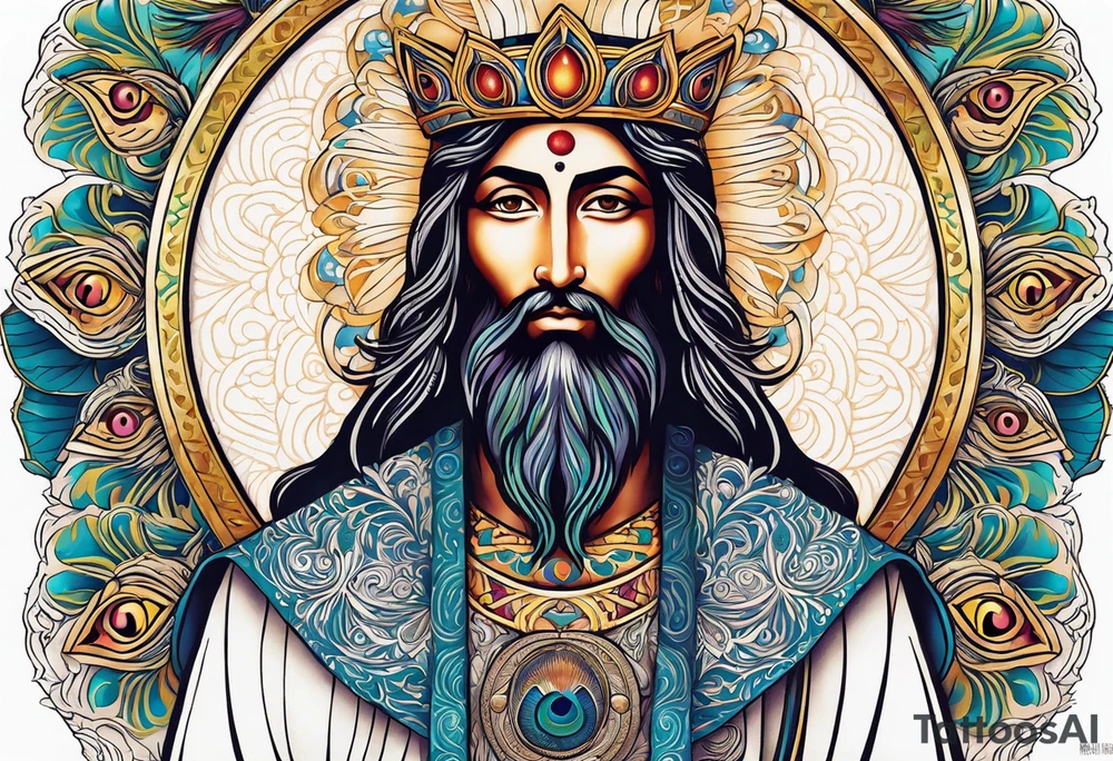 flat stern byzantine Christ with all-demanding eyes with a halo made of peacock feathers tattoo idea