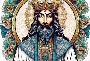 flat stern byzantine Christ with all-demanding eyes with a halo made of peacock feathers tattoo idea