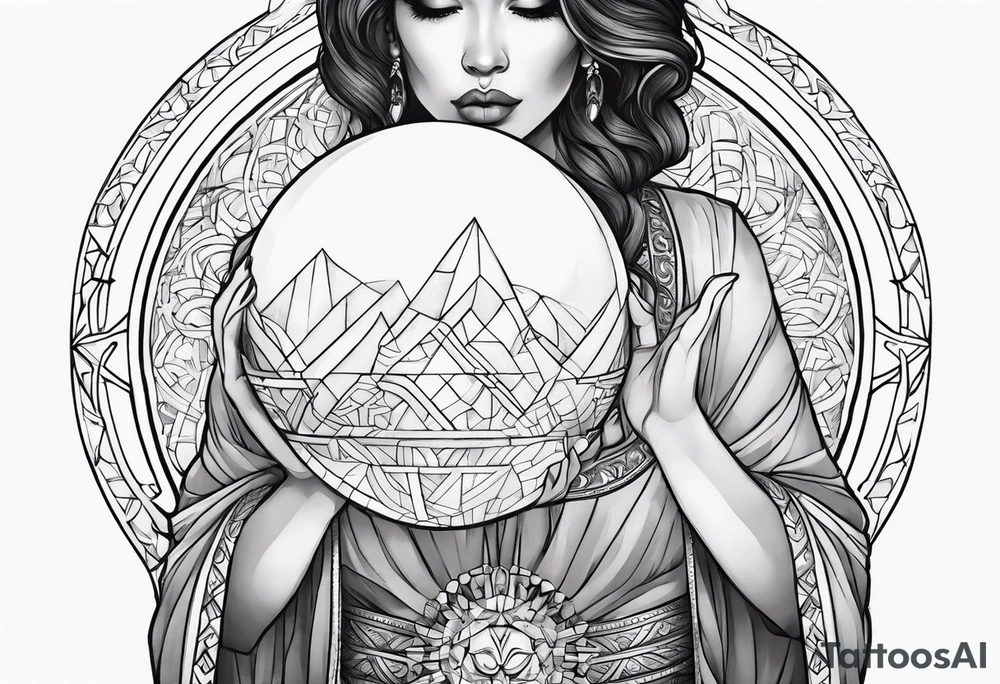 Woman holding orb of divinity overhead tattoo idea