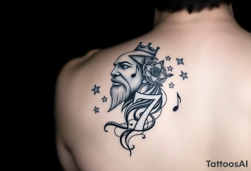 King J7 with stars and music notes tattoo idea