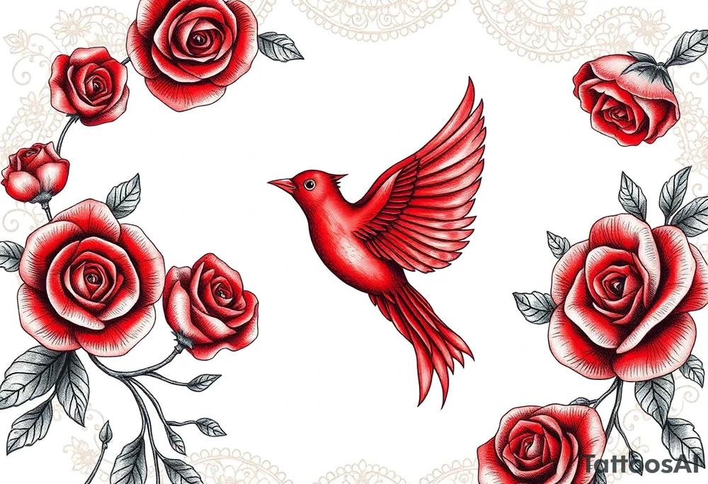 Vintage lace, red roses close together, bright red bird flying freely tattoo idea