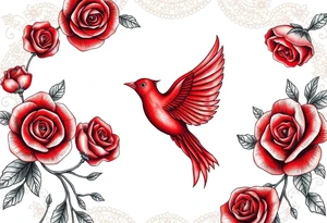 Vintage lace, red roses close together, bright red bird flying freely tattoo idea