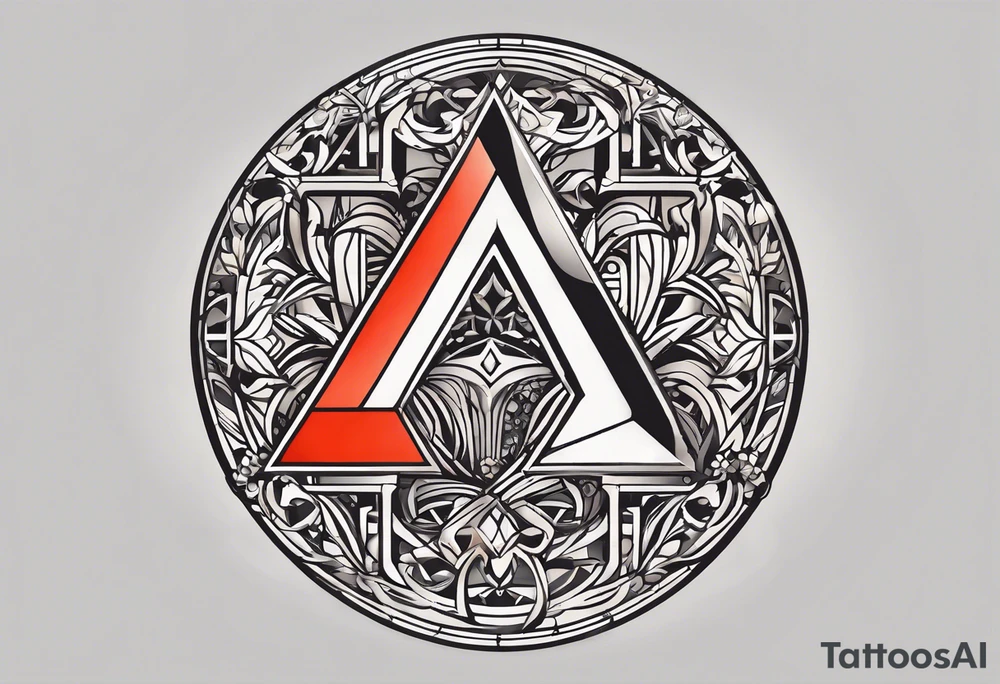 Simplistic symbol large delta inside a circle. Circle is made from chain. Shade of a letter K in a background. tattoo idea