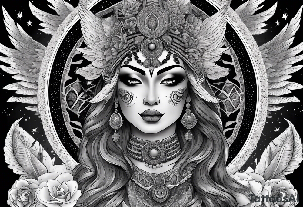 black kali, goddess pirate, alien, angel, pachamama, valkrye, warrior, flying, skull, lotus azul, wing, eagle, zenza resonance, stars, 5D, anahata chakra, death, durga, riding on a tiger, flying lady, kundalini, chest tatoo, samuri, rebel, serpent tattoo idea