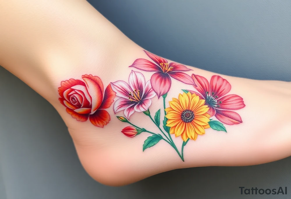 a vibrant, watercolor tattoo with one rose, one lily, one marigold, and one cosmos flower tattoo idea