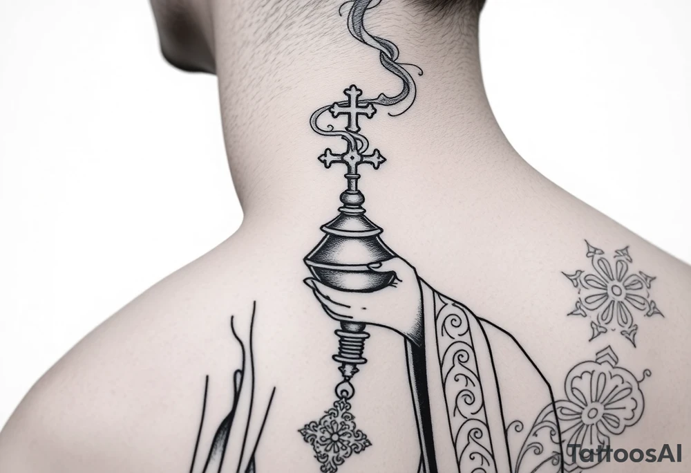 A Russian Orthodox Priest in full gold vestments swinging a censer with smoke curling upward 

The ornate robes give incredible fine line detail
The incense smoke could flow and connect to other elements
It ties directly into the church and Virgin Mary you already have
Very culturally authentic to the overall theme tattoo idea