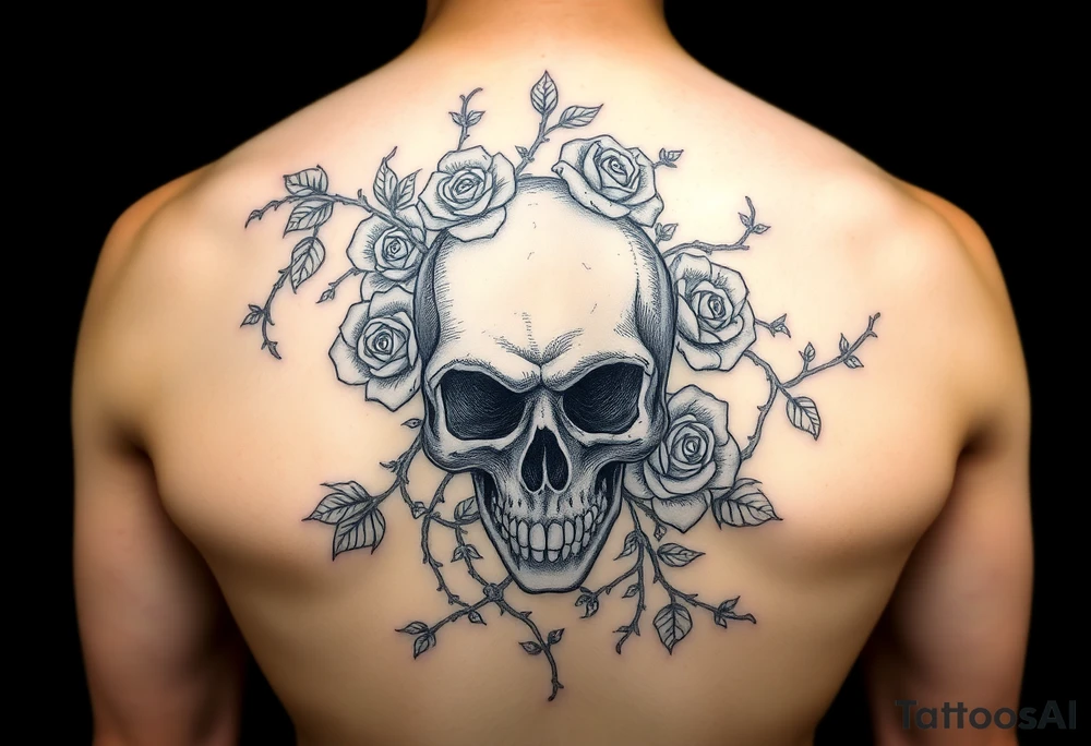 gothic skull intertwined with climbing roses and thorny vines tattoo idea