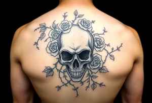 gothic skull intertwined with climbing roses and thorny vines tattoo idea
