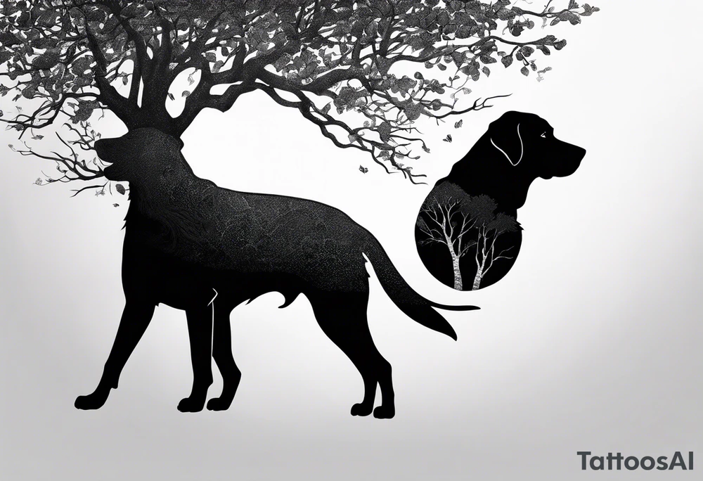 Silouette of a black lab sunder a tree. No detail on lab tattoo idea