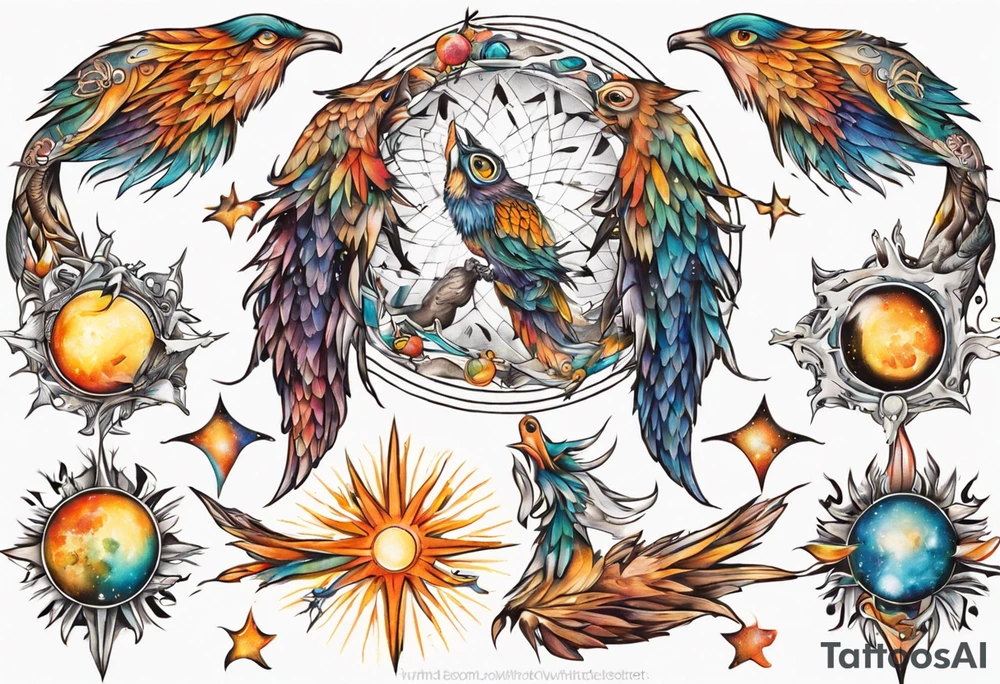 fisch, fuchs und eule , symetrie  sonne, universum, bunt, " sapere aude" tattoo idea