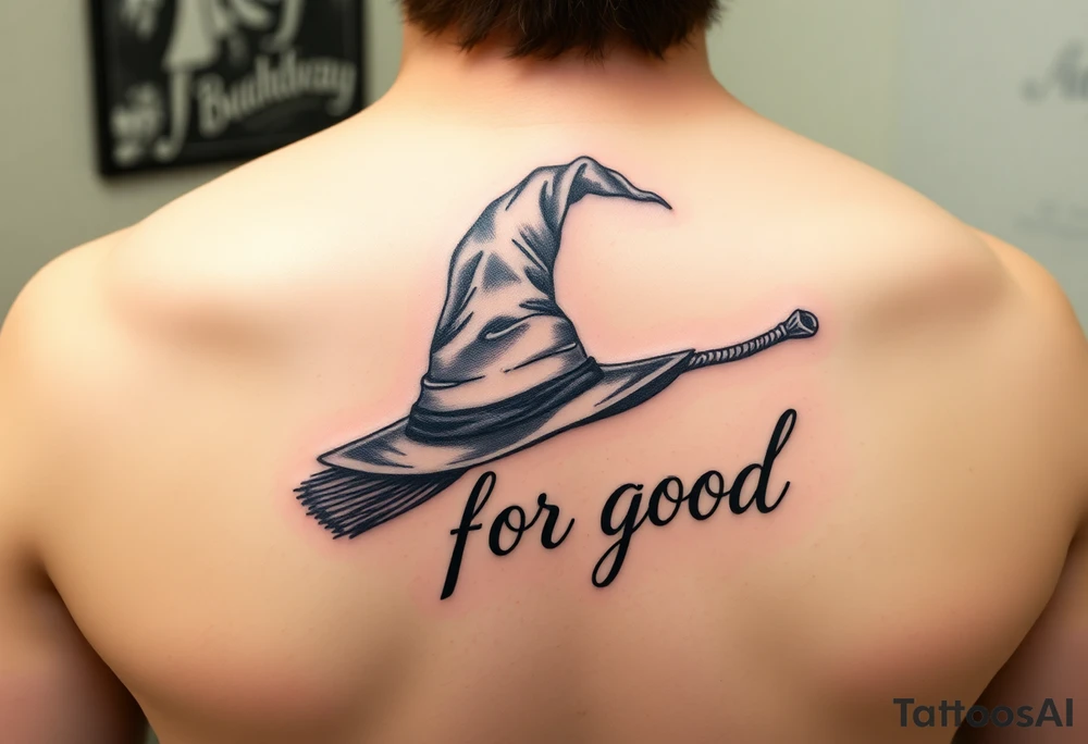 Wicked Broadway theme with a wand, broom, witch hat. Then the lettering “for good” tattoo idea