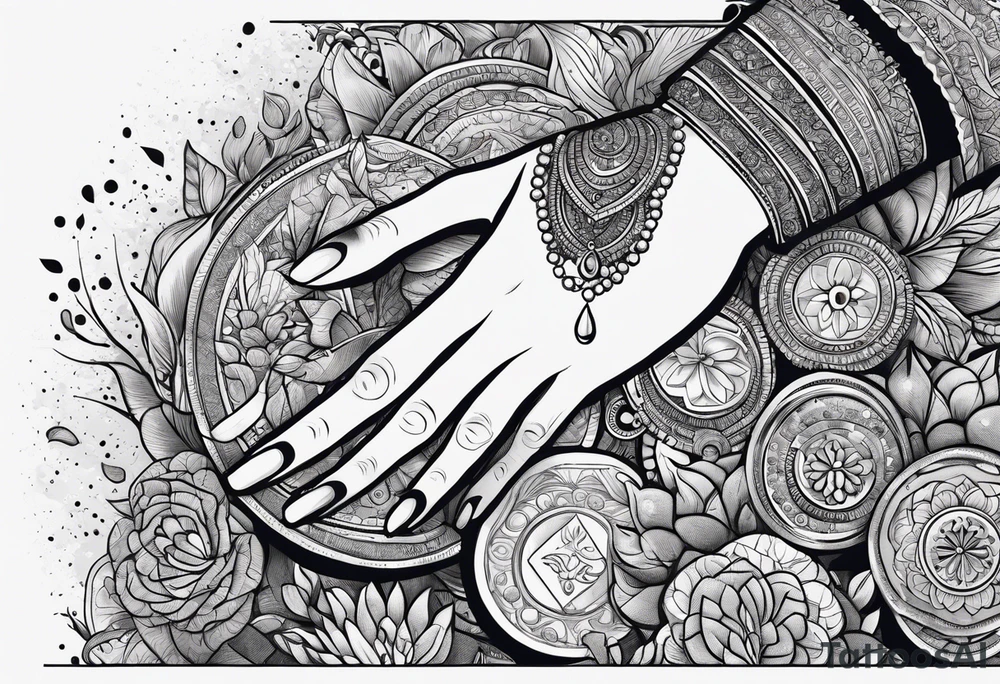 The hand of hindu goddess Laxmi with coins falling out of her hand tattoo idea