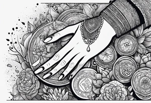 The hand of hindu goddess Laxmi with coins falling out of her hand tattoo idea