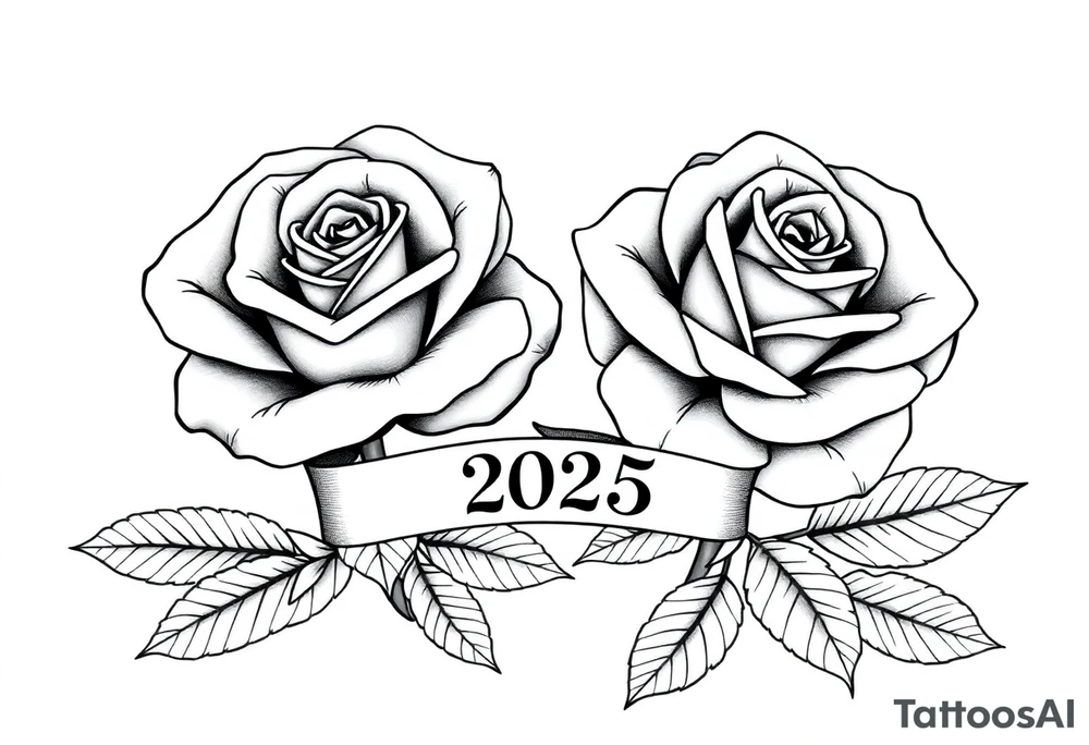 two beautiful large rose buds, one larger than the other, with lots and lots of leaves next to the rose buds, with one sitting slightly higher than the other, side-by-side.  Include a banner connecting the two roses with the year 2025 on it.   Use dark outlines with little shading. No stems tattoo idea