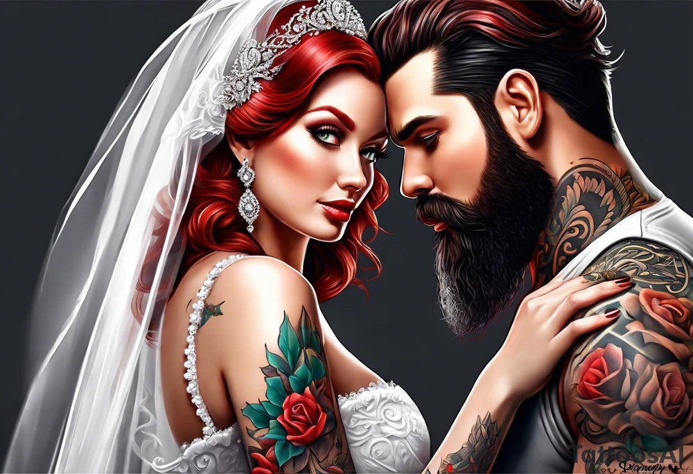 Busty red haired woman with a bearded man who has black hair getting married tattoo idea