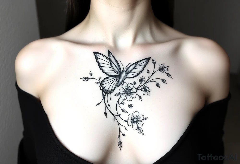 Je veux un tatouage underboobs délicat et ornemental. Il doit représenter ma renaissance après une dépression post-partum, avec des éléments à la fois féminins, naturels et profondément symboliques. Le coquelicot est central pour moi, entouré d’un papillon, de fleurs de cerisier et de feuillages fins. L’ensemble doit exprimer ma force douce, ma fragilité assumée, et ma métamorphose personnelle. tattoo idea