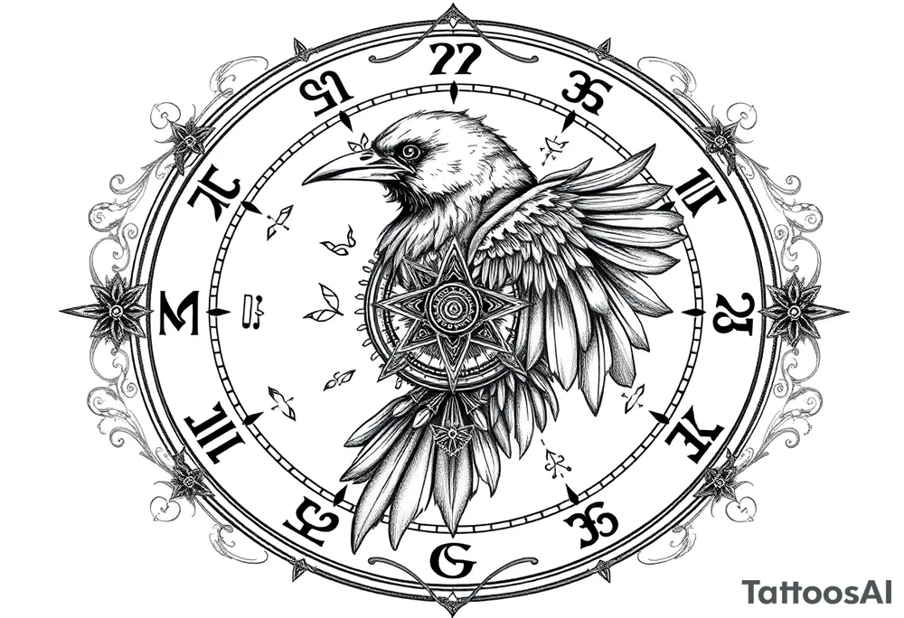 zodiac symbols runes within ornate clockwork mechanism raven tattoo idea
