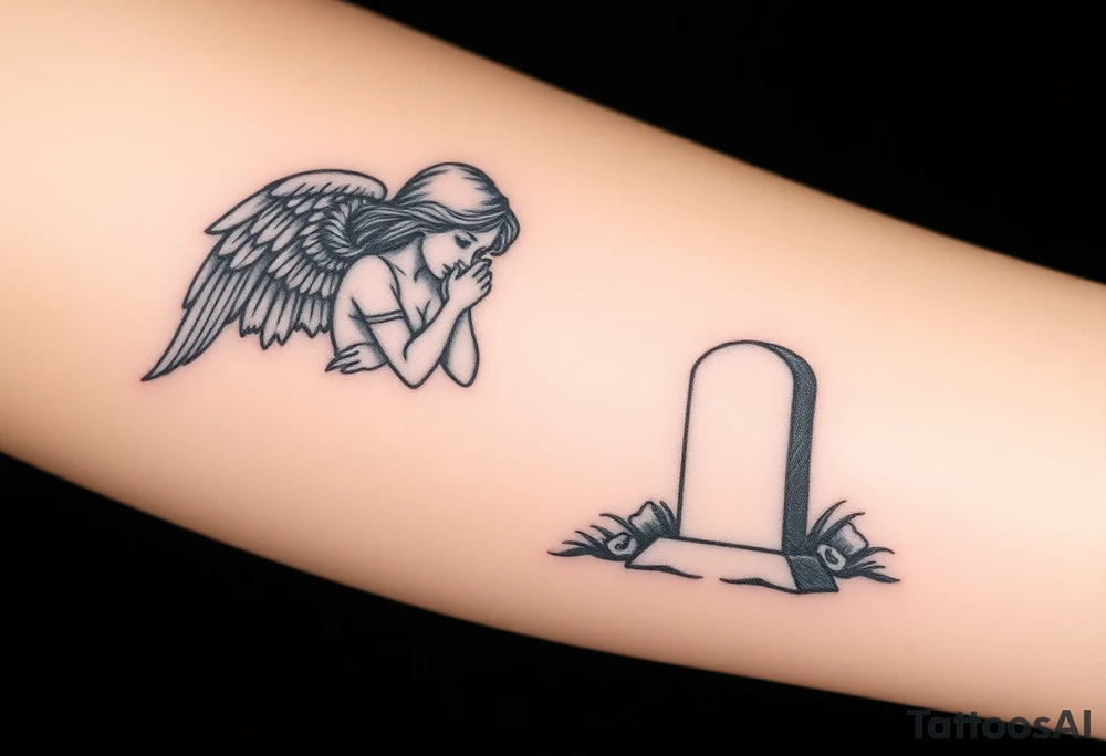 Beautiful woman angel crying over a tombstone tattoo idea