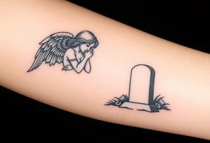 Beautiful woman angel crying over a tombstone tattoo idea