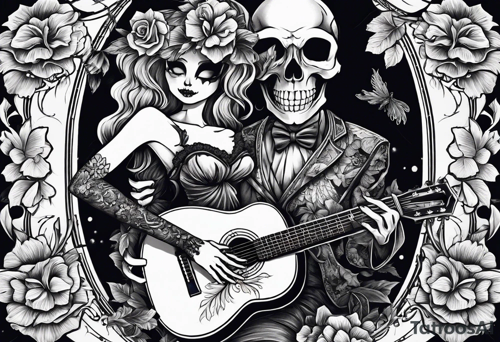 a female skeleton holding a hibiscus flower and a male skeleton playing a guitar. tattoo idea