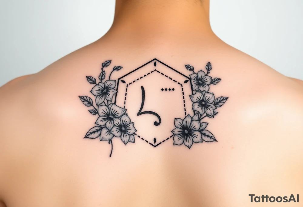 Feminine simple Dotted Line hexagon with Leo astrological symbol surrounded by larkspurs and water lilies tattoo idea