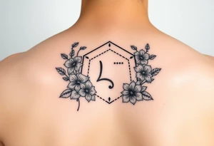 Feminine simple Dotted Line hexagon with Leo astrological symbol surrounded by larkspurs and water lilies tattoo idea