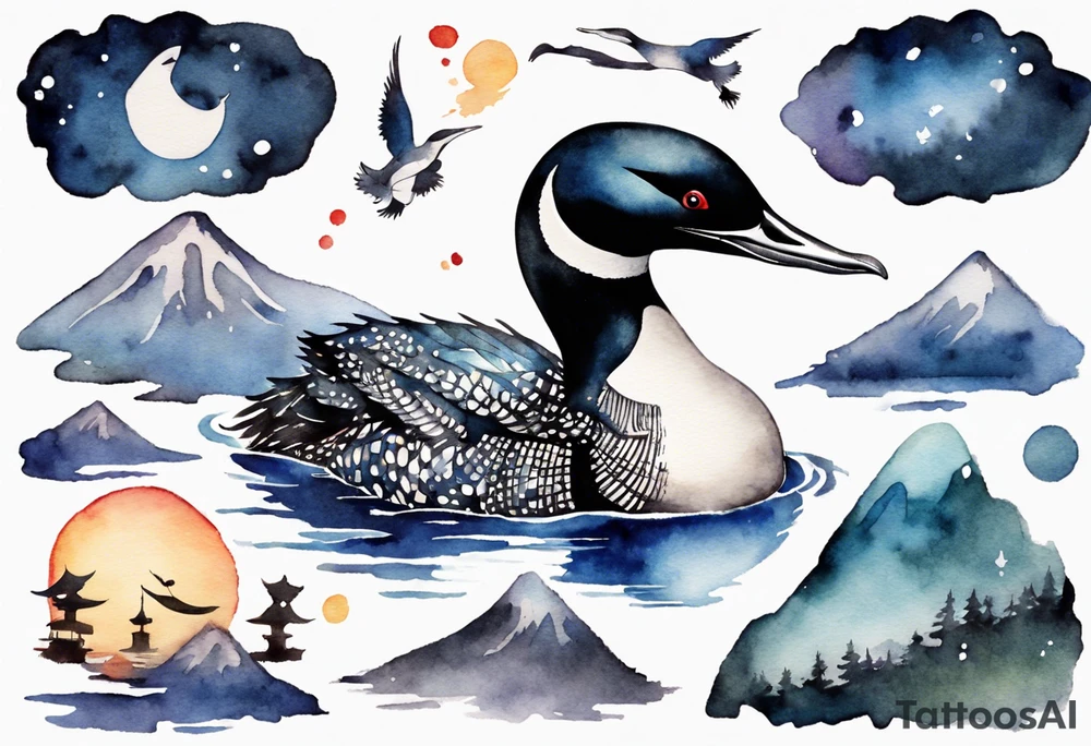 watercolor of a sacred loon at night tattoo idea