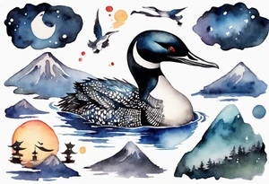 watercolor of a sacred loon at night tattoo idea